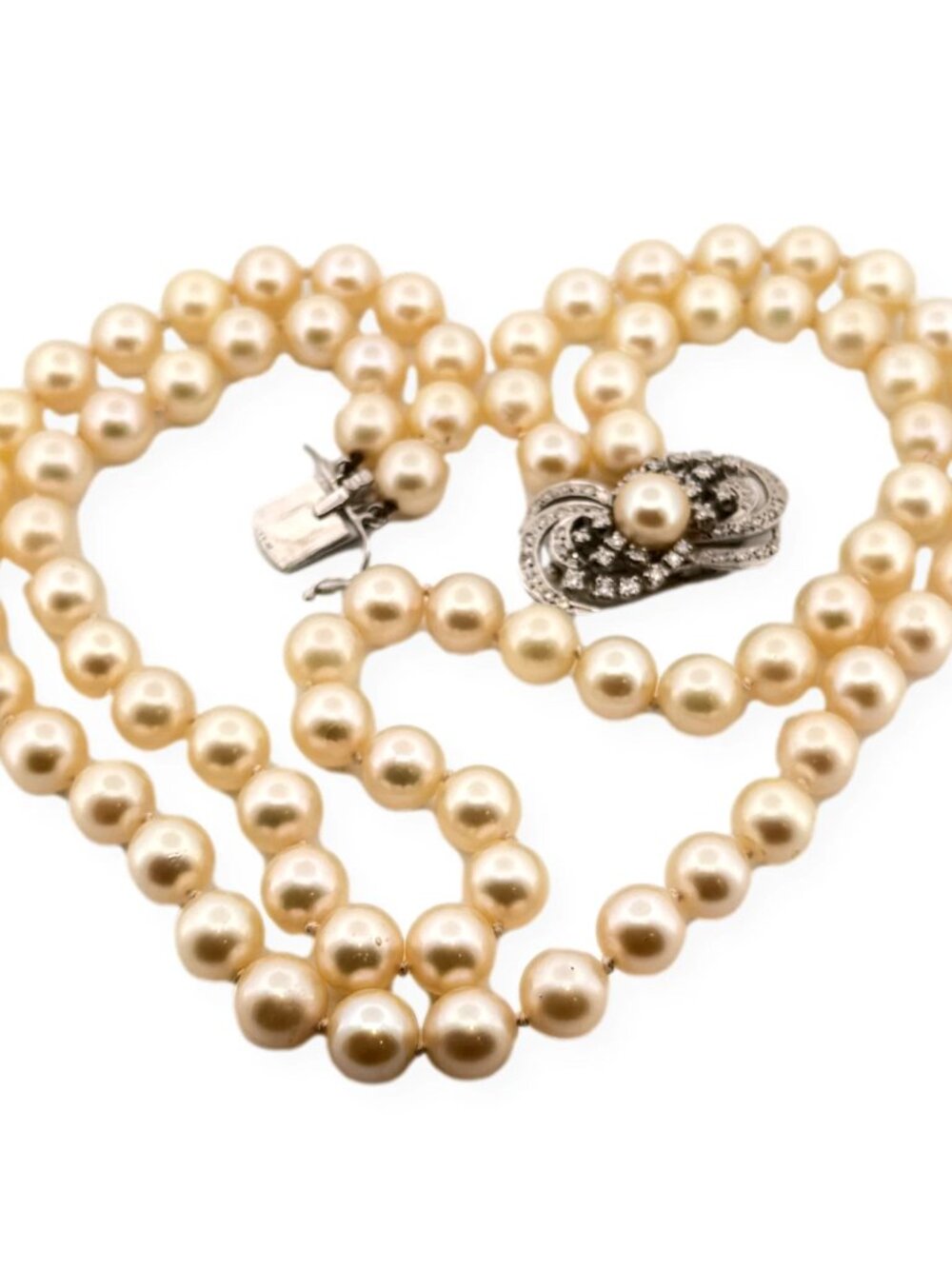 Vintage Two-Strand Akoya Pearl Necklace 10K White Gold Diamond Clasp